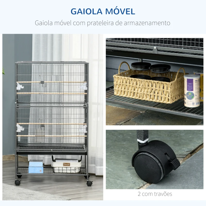 PawHut Gaiola para Pássaros com Rodas Bandeja Amovível 4 Portas 4 Comedouros e Prateleira de Armazenamento 78x52x132cm Cinza