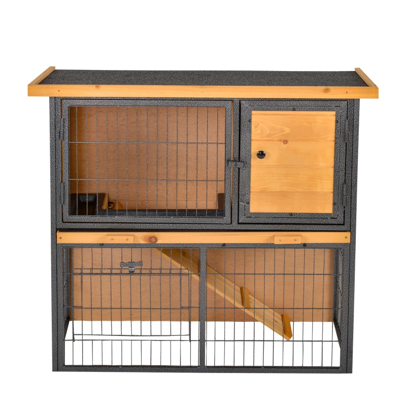 PawHut Coelheira de Exterior de Madeira para Animais Pequenos 2 Níveis com Rampa Bandeja Removível Portas com Fechaduras 89,5x45x81 cm Madeira e Cinza