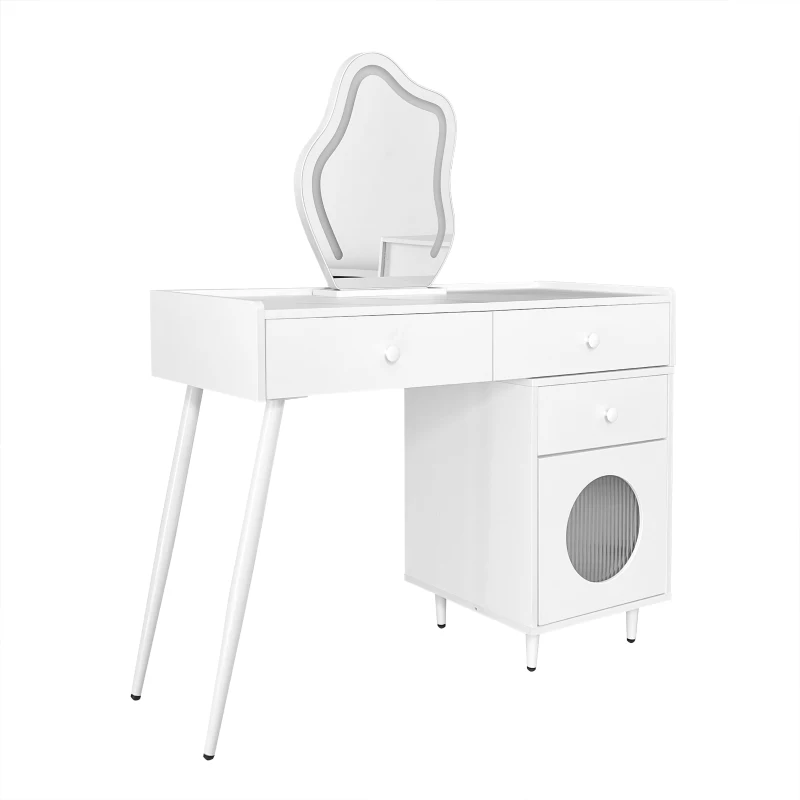 Schminktisch mit LED-Spiegel, Beleuchtung und Stauraum, Weiß, Kosmetiktisch für Schlafzimmer mit 3 Schubladen und Tür, Weiß