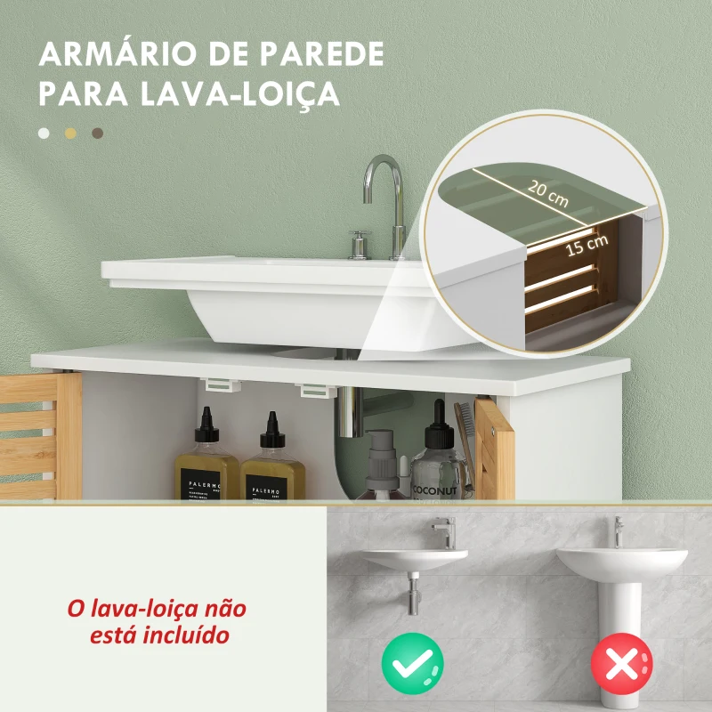 HOMCOM Móvel para Lavatório Móvel Sob Lavatório Moderno com Portas Magnéticas de Bambu e Estante Ajustável 60x30x60 cm Branco e Madeira