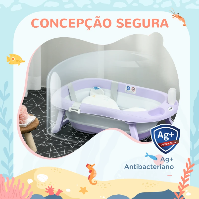 ZONEKIZ Banheira para Bebé Recém Nascido Dobrável 40L com Almofada Pés Antiderrapantes e Orifício de Drenagem 83x48x23,5 cm Roxo