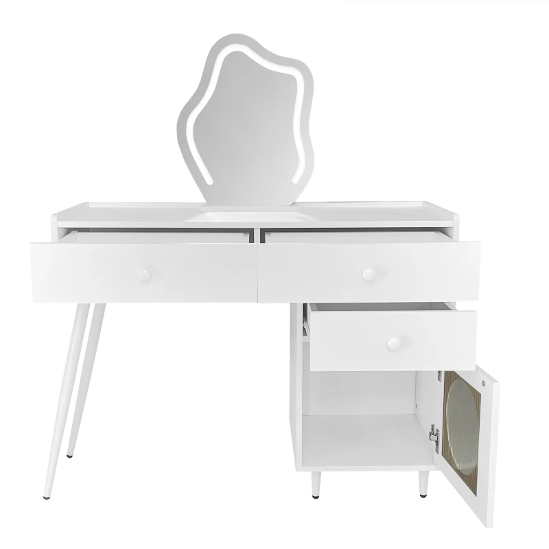 Schminktisch mit LED-Spiegel, Beleuchtung und Stauraum, Weiß, Kosmetiktisch für Schlafzimmer mit 3 Schubladen und Tür, Weiß