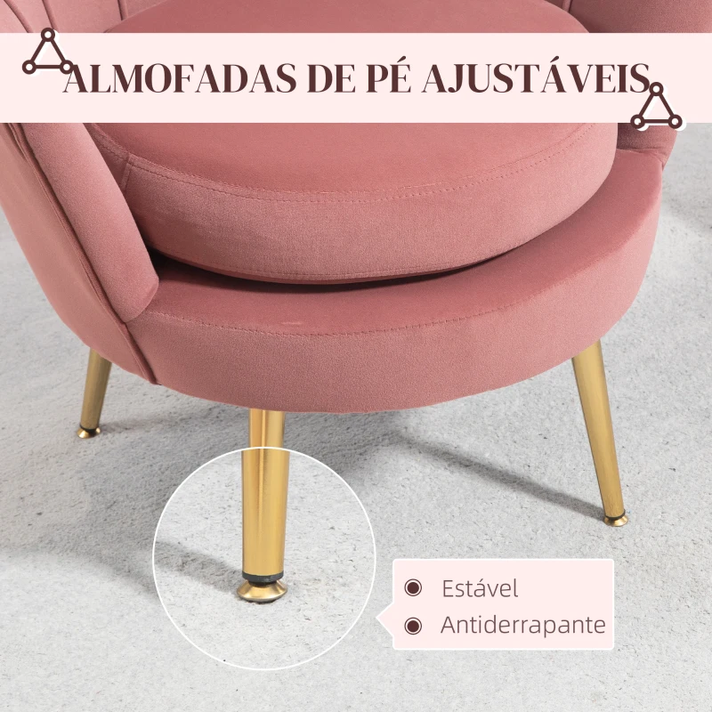 HOMCOM Poltrona de Sala Estofada em Veludo com Encosto em Forma de Concha e Pernas Douradas 76x67x74 cm Rosa