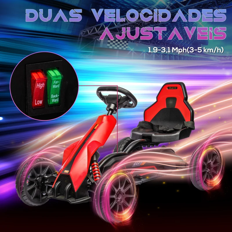 HOMCOM Go Kart Elétrico para Crianças Kart a Bateria 12V Velocidade Ajustável 3-5 km/h e Cinto de Segurança 100x58x58,5 cm Vermelho
