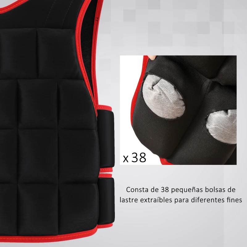 HOMCOM Chaleco Ajustable para Entrenamiento Pesos Individuales hasta 20 kg Cierres de Velcro Doble Cinturón 60x50 cm Negro y Rojo