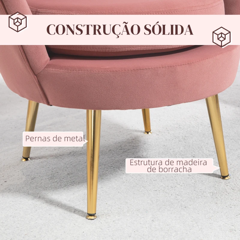 HOMCOM Poltrona de Sala Estofada em Veludo com Encosto em Forma de Concha e Pernas Douradas 76x67x74 cm Rosa