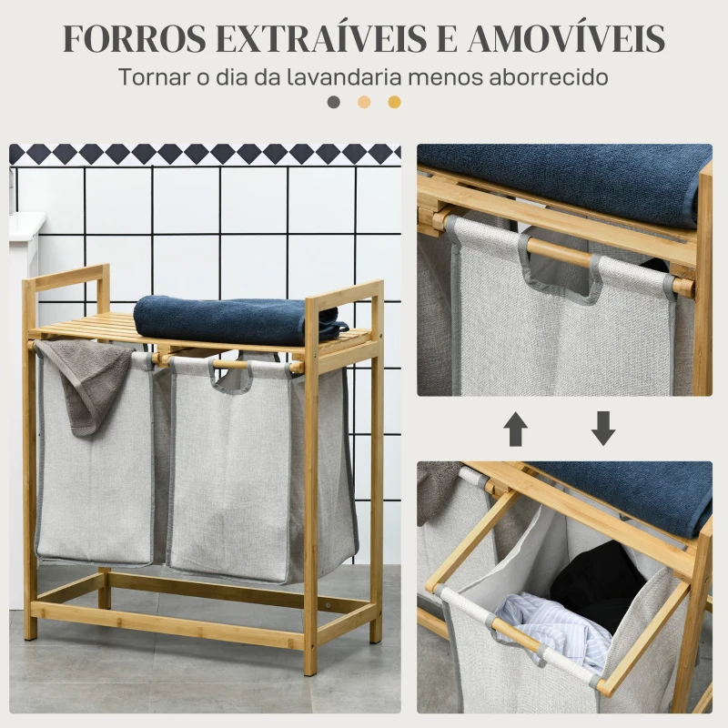 HOMCOM Cesto de Roupa de Bambu Cesto de Roupa Suja com 2 Bolsas Amovíveis e 2 Prateleiras para Casa de Banho 64x33x73 cm Madeira