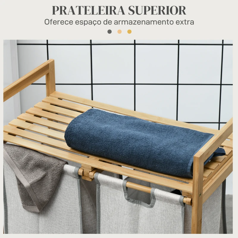HOMCOM Cesto de Roupa de Bambu Cesto de Roupa Suja com 2 Bolsas Amovíveis e 2 Prateleiras para Casa de Banho 64x33x73 cm Madeira