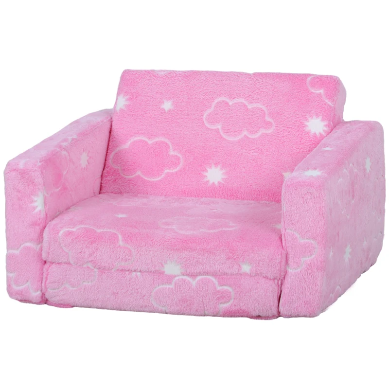 AIYAPLAY Poltrona para Crianças Dobrável e Reclinável Sofá para Crianças Estofado em Tecido Luminoso com Desenho de Nuvens Rosa