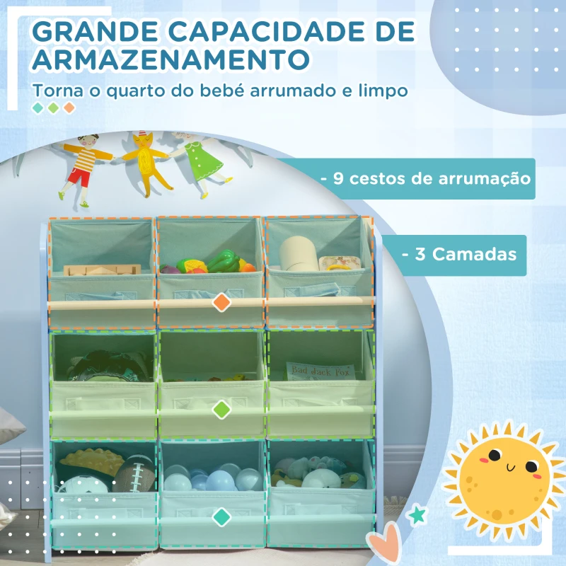 ZONEKIZ Estante para Brinquedos com 9 Caixas de Tecido não Tecido Amovíveis Organizador de Brinquedos 63x30x60 cm Azul