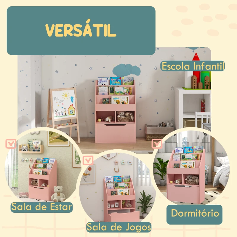 HOMCOM Estante de Madeira para Brinquedos com 3 Compartimentos 2 Prateleiras e Gaveta Móvel com 4 Rodas 60x29,9x90 cm Rosa