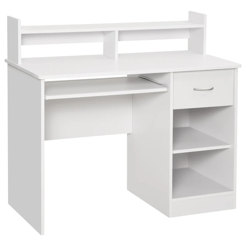 HOMCOM Scrivania per Computer Compatta, Scrivania PC Fisso in Legno Bianco con Ripiano Tastiera Estraibile e Mensole 104x48x95.5cm