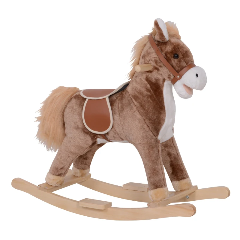 HOMCOM Kids Children Plush Rocking Horse Wooden Base Ride On Toy Rocker with Handle Grip Traditional Toy Fun Gift for Age 3+ (Brown & White)