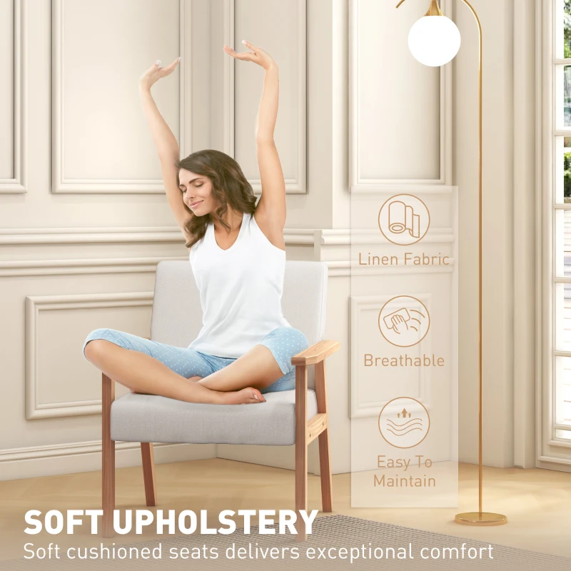 HOMCOM Accent Chair Wood Frame with Thick Linen Cushions Wide Seat Armchair Home Furniture Bedroom Office Cream White