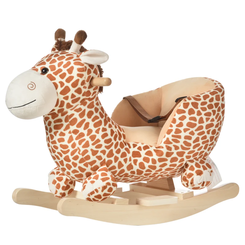 HOMCOM Baloiço para Crianças em Madeira com 32 Canções Cinturão de Segurança Girafa de Pelúcia 60x33x45 cm Marrom Claro