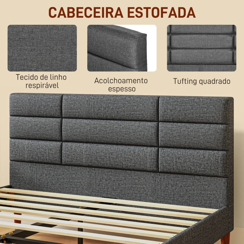 HOMCOM Cama 140x200 cm Estrutura de Cama com Cabeceira Estofada em Linho e Espaço de Armazenamento Debaixo da Cama Cinza