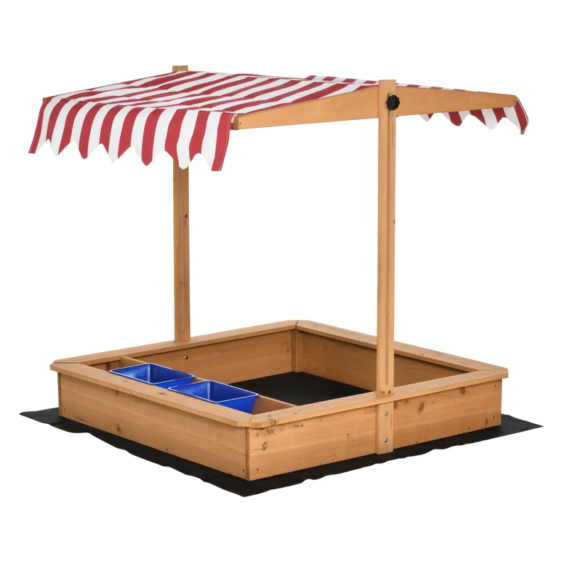 Outsunny Nisipar din Lemn pentru Copii cu Copertina Reglabila in Inaltime, 107.5x107.5x110cm