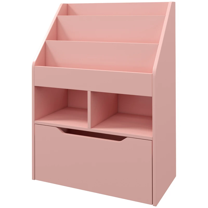 HOMCOM Estante de Madeira para Brinquedos com 3 Compartimentos 2 Prateleiras e Gaveta Móvel com 4 Rodas 60x29,9x90 cm Rosa