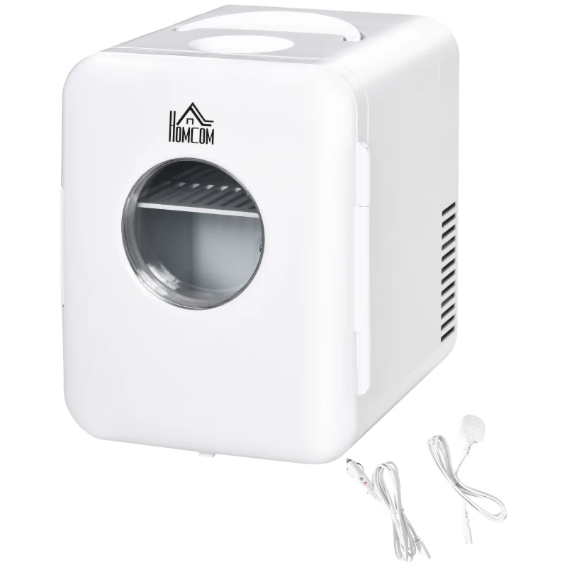 Outsunny Mini Geleira 4L Geleira Elétrica Pequeno 12V com Aquecimento e Arrefecimento 1 Porta Reversível 2 Prateleiras e 2 Luzes LED Silencioso 35dB para Campismo 25,5x20,5x26,3cm Branco