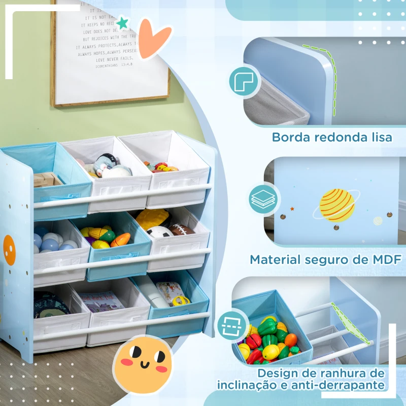 ZONEKIZ Estante para Brinquedos com 9 Caixas de Tecido não Tecido Amovíveis Organizador de Brinquedos 63x30x60 cm Azul