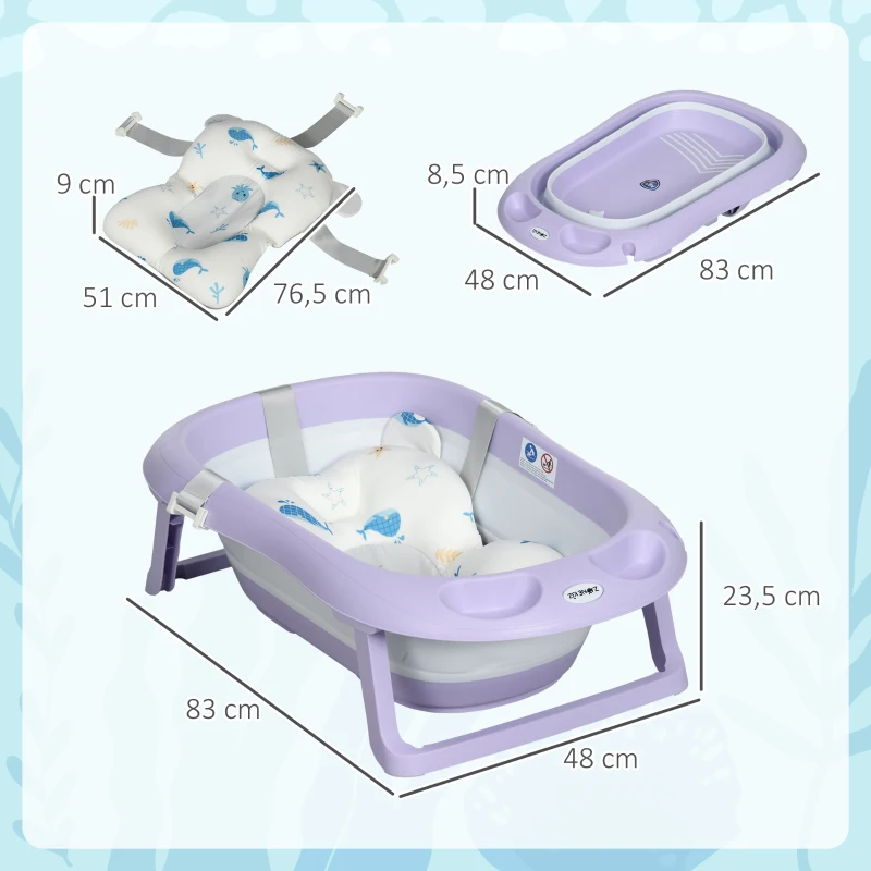 ZONEKIZ Banheira para Bebé Recém Nascido Dobrável 40L com Almofada Pés Antiderrapantes e Orifício de Drenagem 83x48x23,5 cm Roxo