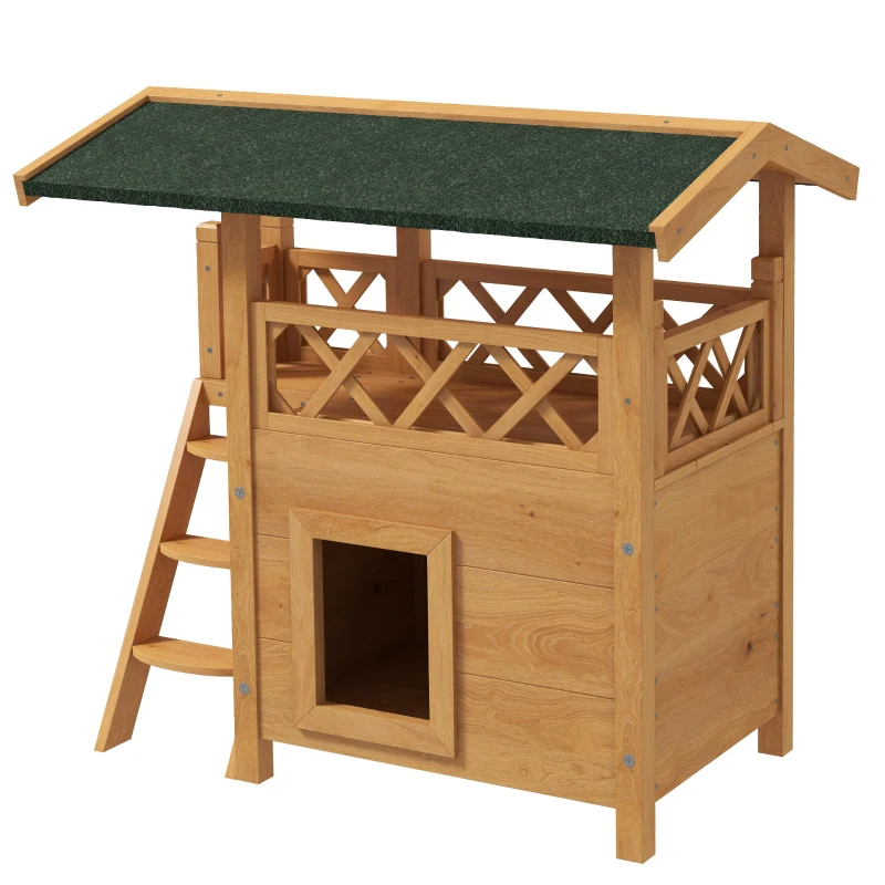 PawHut Casa para Gatos de Madeira 77x50x73cm com 2 Níveis  Teto Asfáltico Terraço Cercado Caverna e Escada Madeira