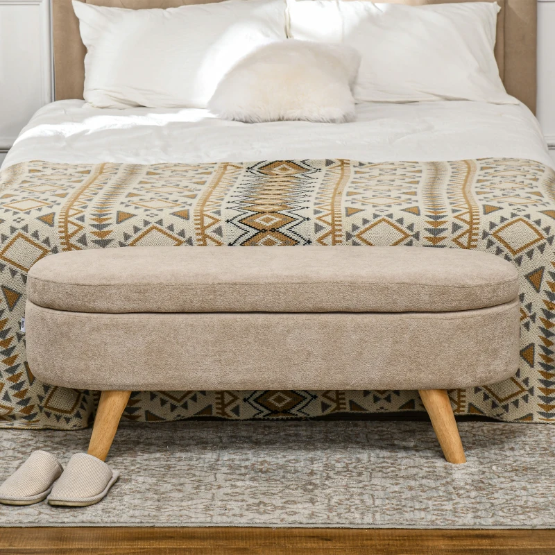 HOMCOM Banco para Pé de Cama Banco de Armazenamento com Pés de Madeira e Assento Acolchoado 110x40x43 cm Bege