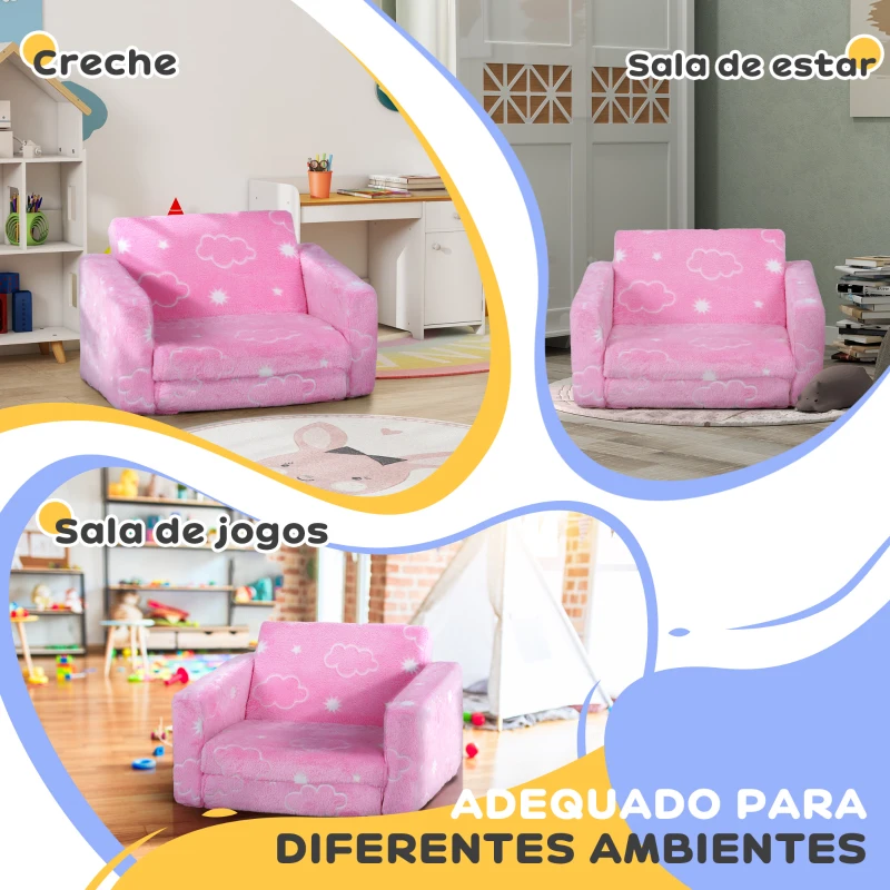 AIYAPLAY Poltrona para Crianças Dobrável e Reclinável Sofá para Crianças Estofado em Tecido Luminoso com Desenho de Nuvens Rosa
