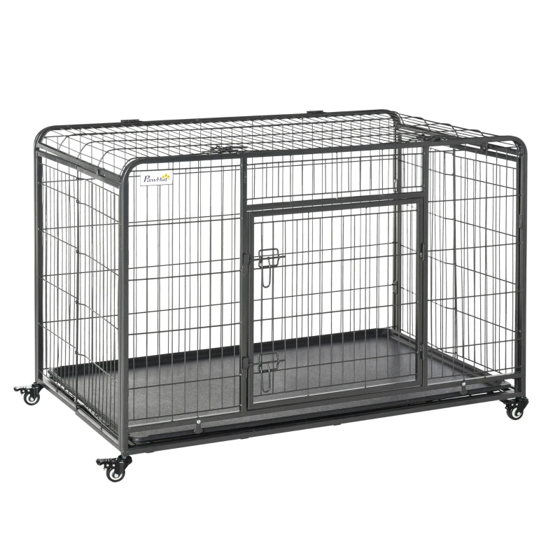 PawHut Kennel Gabbia per Cani Pieghevole a Doppia Porta con Blocco, Box per Cani con 4 Ruote con Freno e Fondo Rimovibile, 125x76x81cm, Grigio Scuro