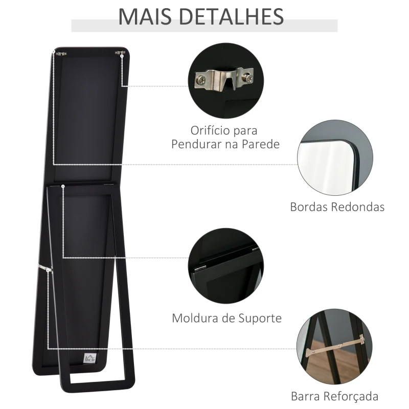 HOMCOM Espelho de Pé Espelho de Corpo Inteiro Retangular com 2 Formas de Uso para Dormitórios Corredor 37x43x156 cm Preto