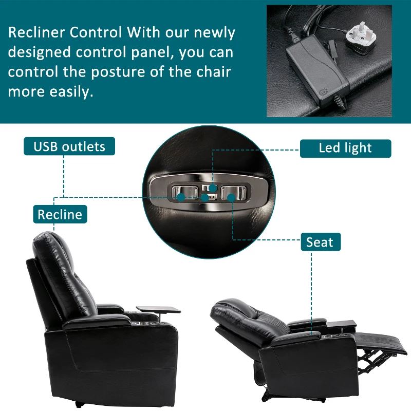 360° Swivel Leather Recliner Chair with USB Port, Cup Holders, Ambient Light, Adjustable Electric Gaming Recliner Chair, 92x80x108 cm, Black
