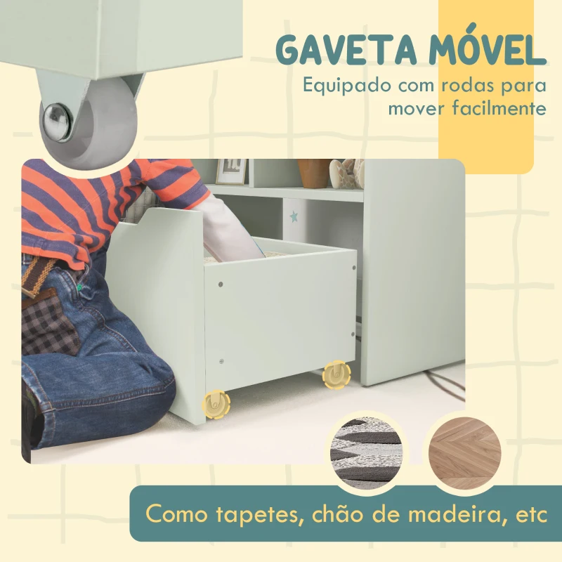 HOMCOM Estante de Madeira para Brinquedos com 3 Compartimentos 2 Prateleiras e Gaveta Móvel com 4 Rodas 60x29,9x90 cm Verde