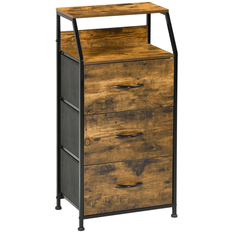 HOMCOM Cómoda com 3 Gavetas de Tecido Dobrável e Prateleira Móvel de Armazenamento Estilo Industrial 44x29x92cm Marrom Rústico