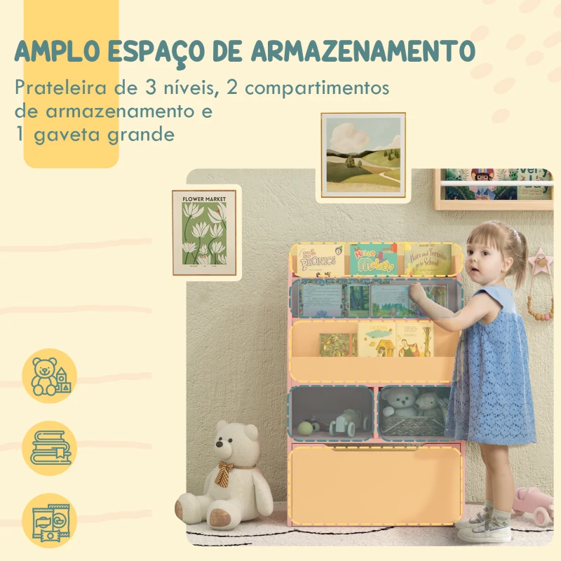 HOMCOM Estante de Madeira para Brinquedos com 3 Compartimentos 2 Prateleiras e Gaveta Móvel com 4 Rodas 60x29,9x90 cm Rosa