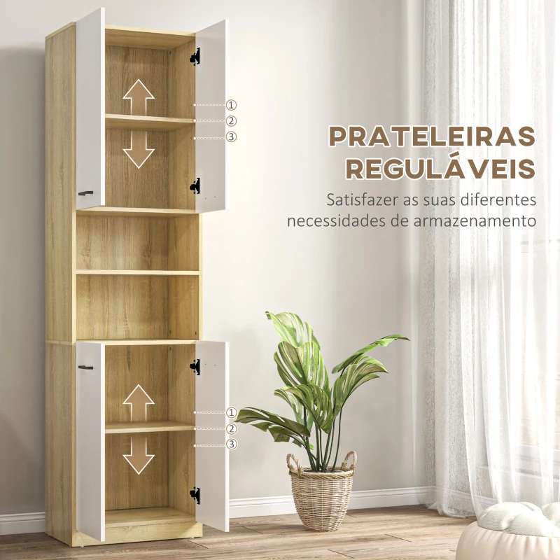 kleankin Coluna Casa de Banho Armário Alto Casa de Banho com 4 Portas 2 Prateleiras Abertas e Ajustáveis 53x33,5x195,7 cm Branco e Madeira