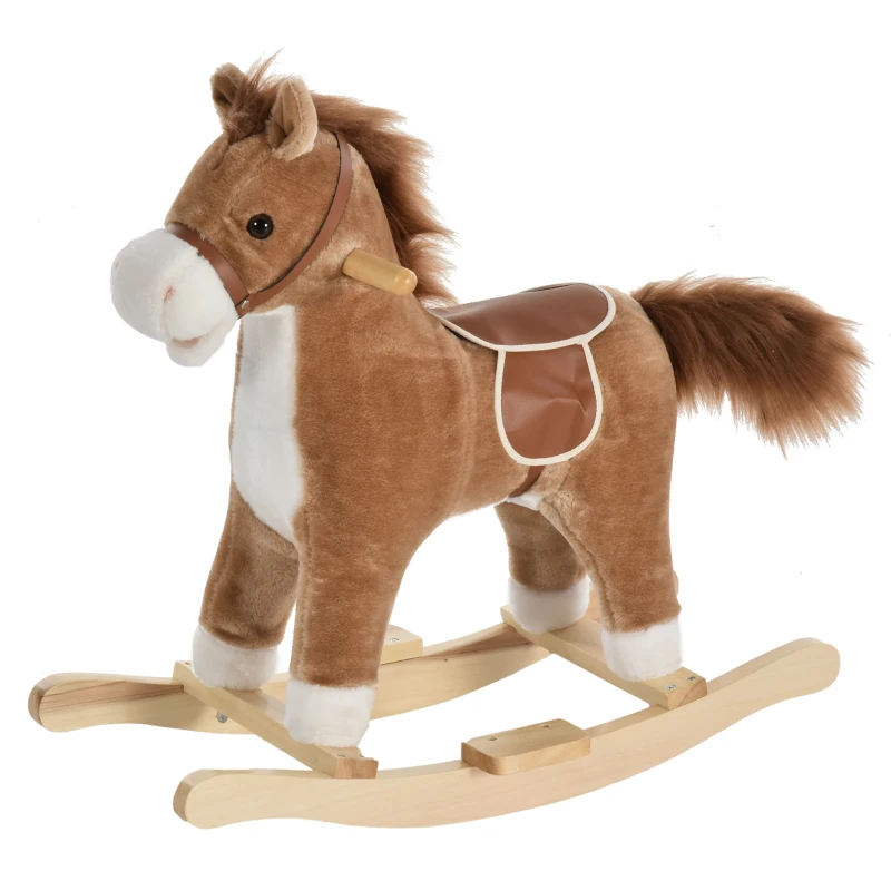 HOMCOM Cavalo Baloiço para Crianças Cavalo Baloiço de Pelúcia Suave com Música Relinchos Sons de Galope Boca e Cauda Móveis 65x32,5x61 cm Marrom