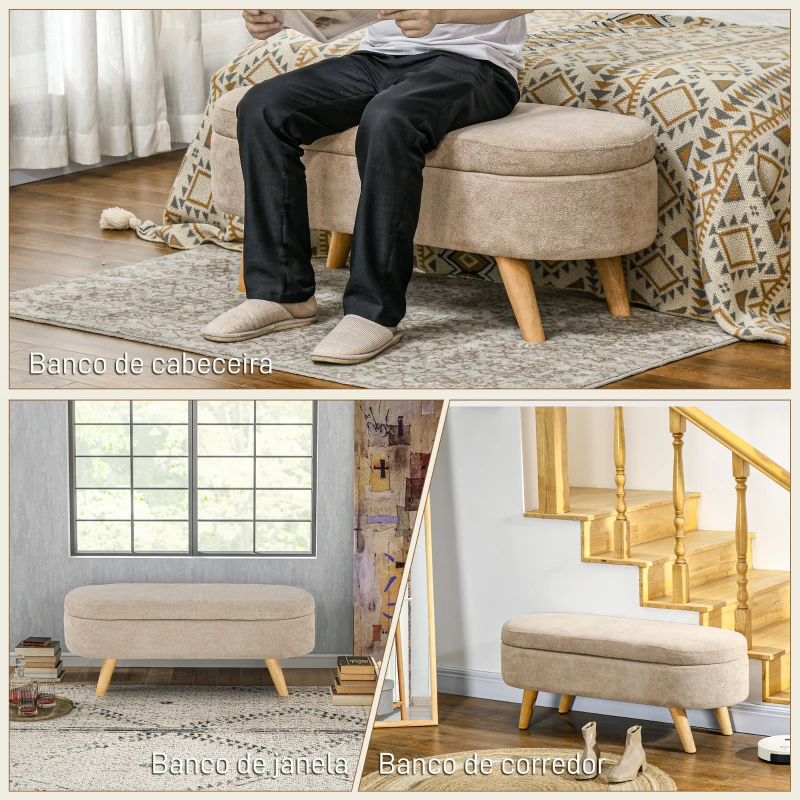 HOMCOM Banco para Pé de Cama Banco de Armazenamento com Pés de Madeira e Assento Acolchoado 110x40x43 cm Bege