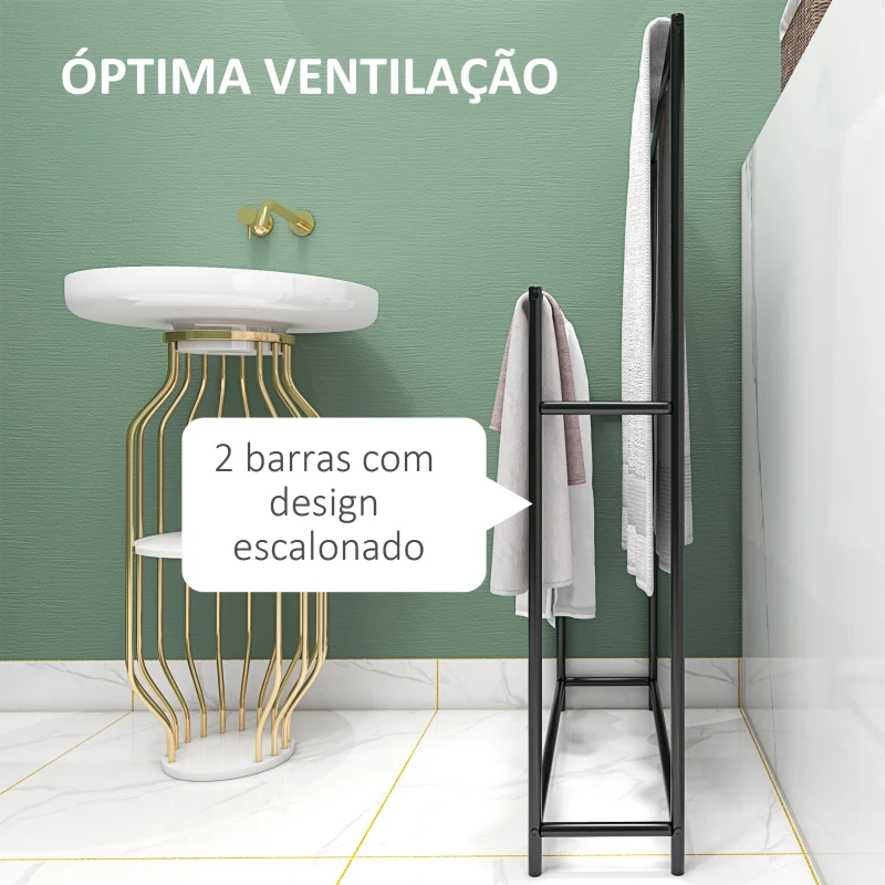 HOMCOM Toalheiro de Pé de 2 Níveis Toalheiro Casa de Banho com 2 Barras e Estrutura de Metal 66x20x110 cm Preto