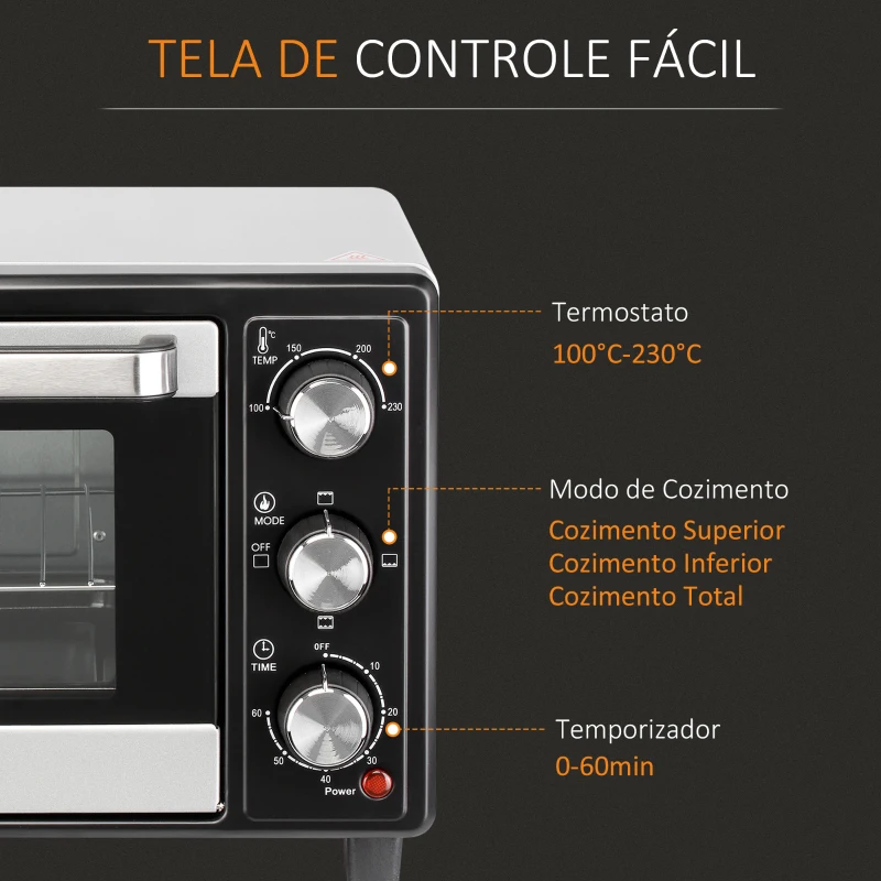 HOMCOM Mini Forno 16L 1400W com 3 Modos de Aquecimento Temperatura até 230°C Temporizador 60 Minutos 44x32x28,1 cm Prata