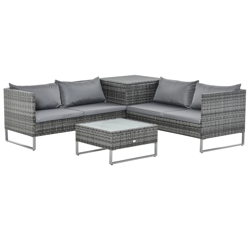Outsunny Conjunto de 4 Móveis de vime para Jardim com 2 Sofás Duplos Mesa central mesa de baú e almofadas removíveis 132x69x64 cm Cinza