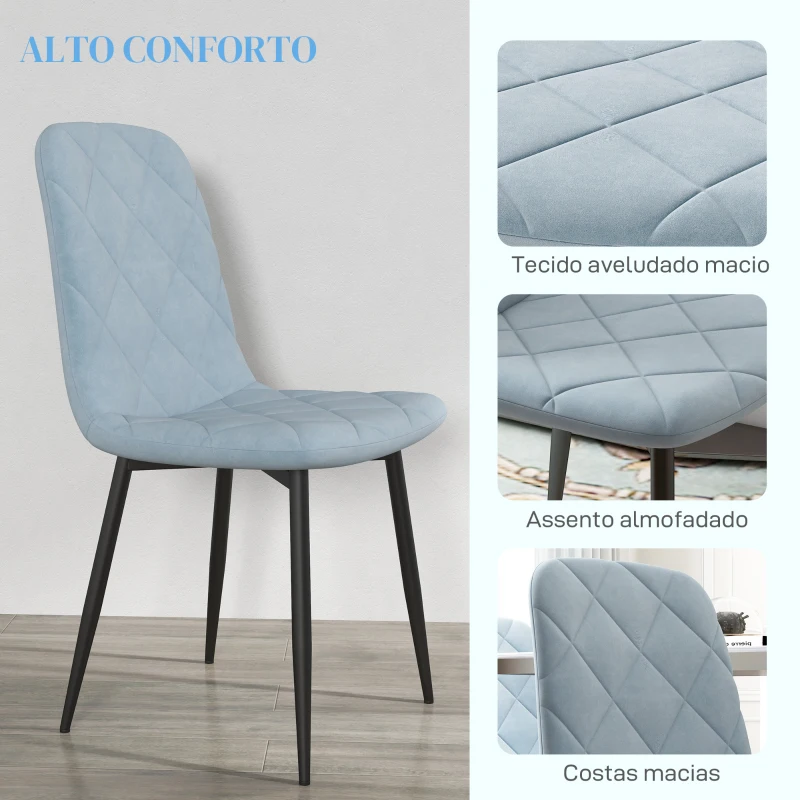 HOMCOM Conjunto de 4 Cadeiras de Jantar Modernas Cadeiras de Cozinha Estofadas em Veludo com Pés de Aço 45x54x87 cm Azul Claro