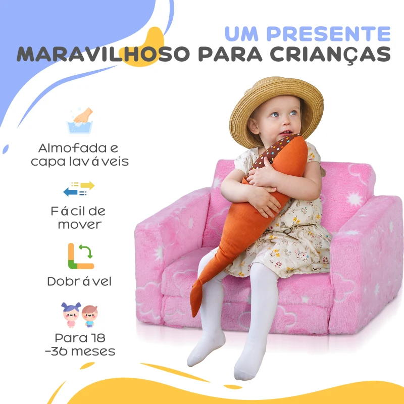 AIYAPLAY Poltrona para Crianças Dobrável e Reclinável Sofá para Crianças Estofado em Tecido Luminoso com Desenho de Nuvens Rosa