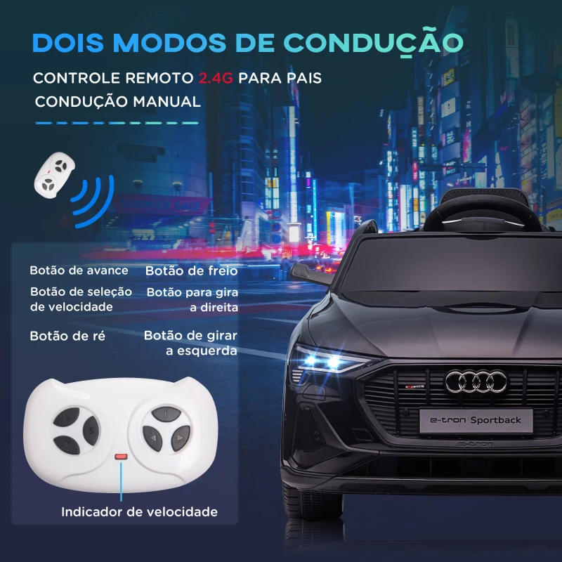 HOMCOM Carro Elétrico Audi E-Tron 12V com Faróis Buzina Música MP3 TF USB e Abertura da Porta 3-8km/h 108x60x47 cm Preto