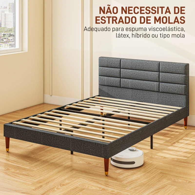 HOMCOM Cama 140x200 cm Estrutura de Cama com Cabeceira Estofada em Linho e Espaço de Armazenamento Debaixo da Cama Cinza