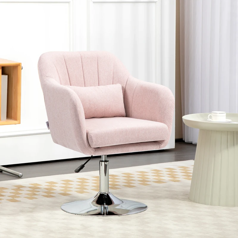 HOMCOM Swivel Linen Fabric Accent Chair for Living Room Contemporary Vanity Armchair with Adjustable Height Thick Cushion Lumbar Support Armrest for Bedroom Office Pink