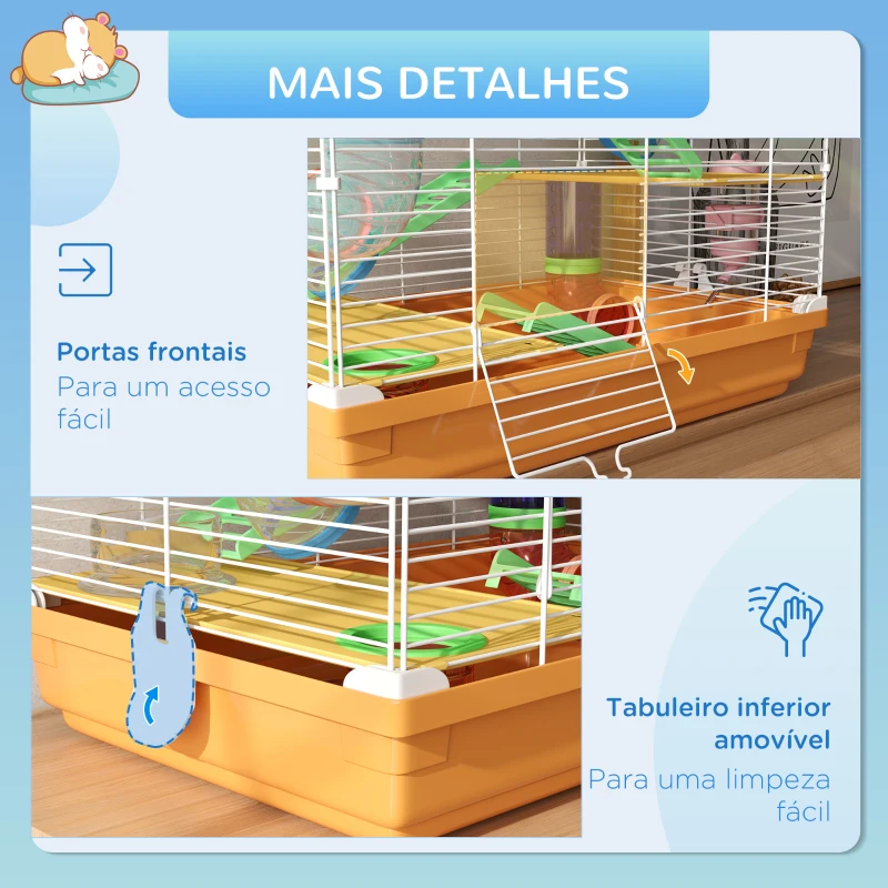 PawHut Gaiola para Hamster Gaiola para Pequenos Roedores com Túnel Comedouro Bebedouro Casa Rampas e Roda de Exercício 46x30x58 cm Laranja