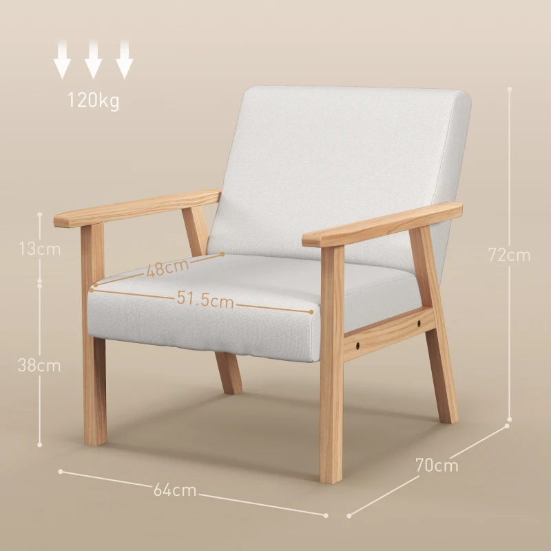 HOMCOM Accent Chair Wood Frame with Thick Linen Cushions Wide Seat Armchair Home Furniture Bedroom Office Cream White