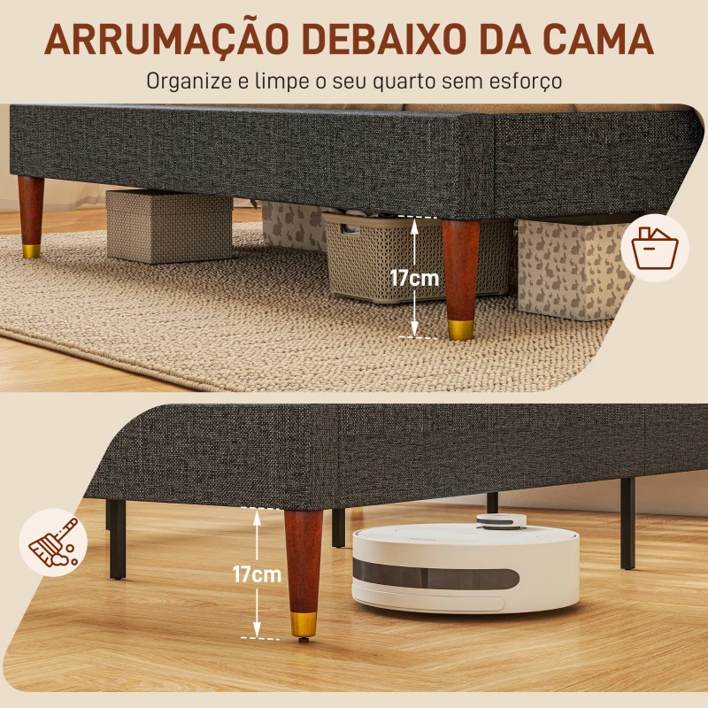 HOMCOM Cama 140x200 cm Estrutura de Cama com Cabeceira Estofada em Linho e Espaço de Armazenamento Debaixo da Cama Cinza
