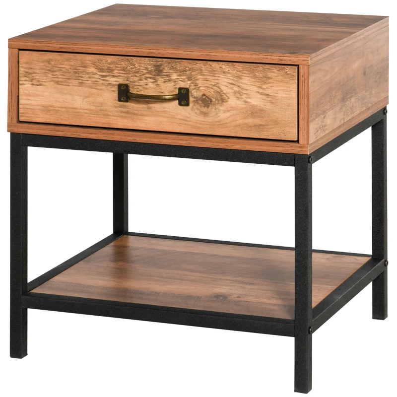 HOMCOM Mesa de cabeceira Mesa lateral com gaveta e prateleira Estilo industrial para quarto sala 48x40x51,5 cm Preto e madeira