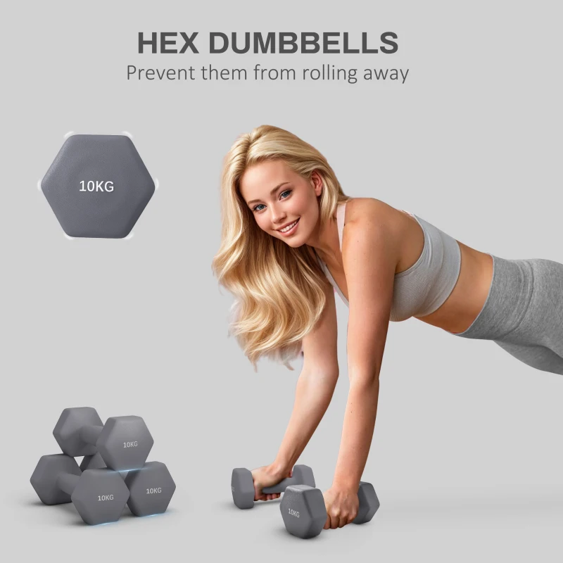 SPORTNOW Set de 2 Greutăți Hexagonale, Gantere cu Prindere Antiderapantă pentru Antrenament de Fitness Acasă,  26x12x12 cm, Gri